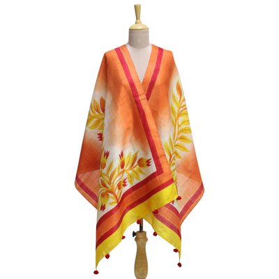 Silk shawl, 'Mount Harriet Sunrise' - 100% Silk Shawl in Peach Gold and Red with Leaf Theme