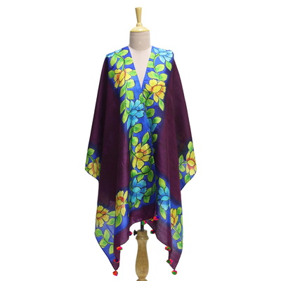 Silk shawl, 'Flower Home' - Silk Shawl in Mulberry with Hand-Painted Floral Motifs