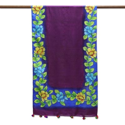 Mantón de seda, 'Flower Home' - Mantón de seda de morera con motivos florales pintados a mano