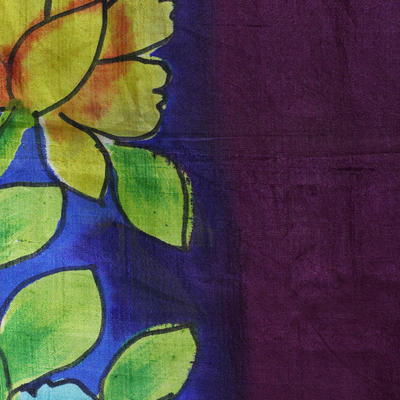 Silk shawl, 'Flower Home' - Silk Shawl in Mulberry with Hand-Painted Floral Motifs
