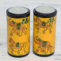 Wood tealight holders, 'Animal Parade' (pair) - Pair of Yellow Animal-Themed Tealight Holders from India