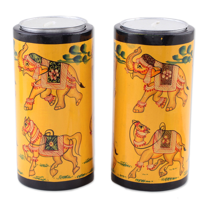 Pair of Yellow Animal-Themed Tealight Holders from India