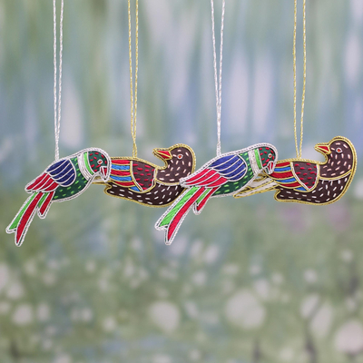 Cotton ornaments, 'Cheerful Birds' (set of 4) - Embroidered Cotton Bird Ornaments from India (Set of 4)