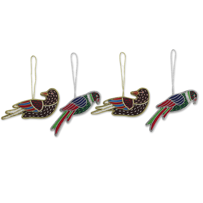 Cotton ornaments, 'Cheerful Birds' (set of 4) - Embroidered Cotton Bird Ornaments from India (Set of 4)