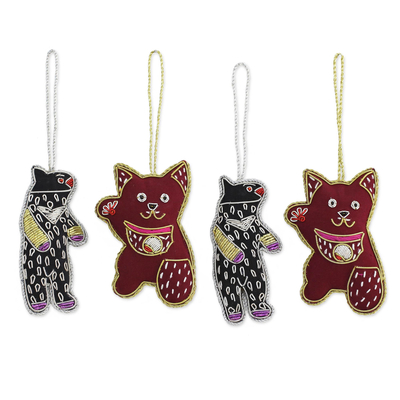Cotton Bear and Cat Ornaments from India (Set of 4)