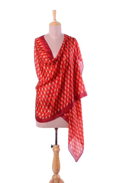 Silk shawl, 'Claret Steps' - Silk Shawl with Claret Geometric Motifs from India