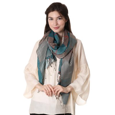 Silk and wool blend shawl, 'Symphonic Checks' - Silk and Wool Blend Checkered Shawl from India