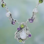 Multi-gemstone pendant necklace, 'Luminous Beauty' - Sterling Silver and Multigem Pendant Necklace from India
