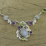 Multi-gemstone pendant necklace, 'Luminous Beauty' - Sterling Silver and Multigem Pendant Necklace from India