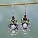 Multi-gemstone dangle earrings, 'Crowned Glory' - Cultured Pearl and Multigem Dangle Earrings from India