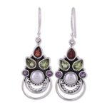 Multi-gemstone dangle earrings, 'Crowned Glory' - Cultured Pearl and Multigem Dangle Earrings from India