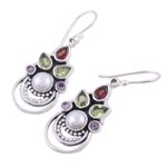 Multi-gemstone dangle earrings, 'Crowned Glory' - Cultured Pearl and Multigem Dangle Earrings from India