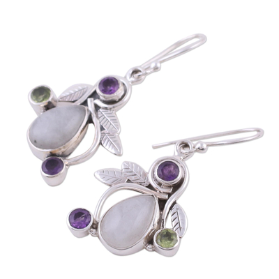 Rainbow moonstone dangle earrings, 'Luminous Beauty' - Rainbow Moonstone, Amethyst and Peridot Earrings from India