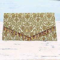 Clutch brocado pedrería - Bolso de mano con cuentas de brocado floral en verde salvia