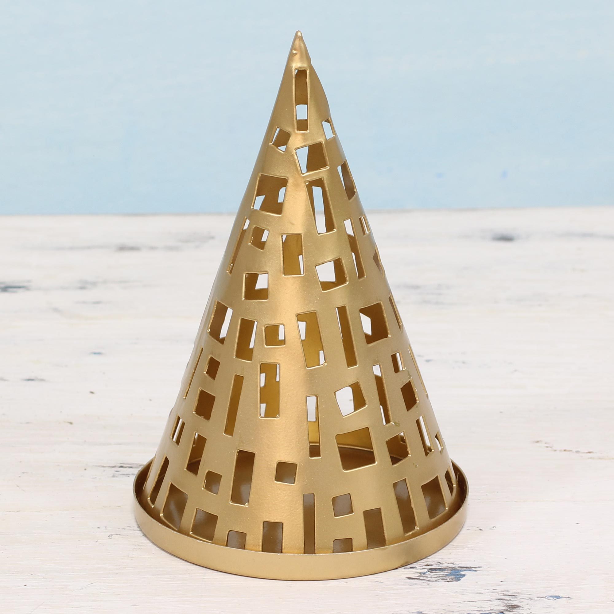 Handcrafted ConeShaped Metal Tealight Holder from India Glowing Cone