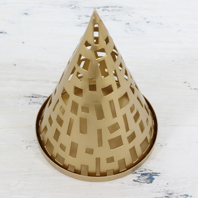 Steel tealight holder, 'Glowing Cone' - Handcrafted Cone-Shaped Metal Tealight Holder from India