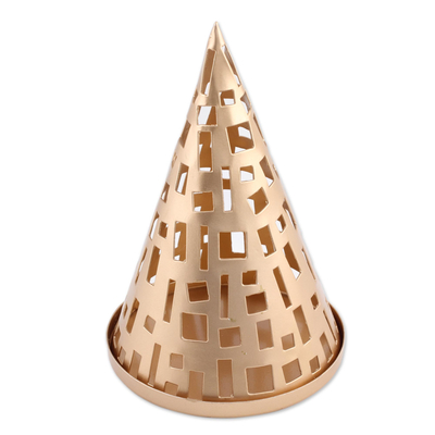 Steel tealight holder, 'Glowing Cone' - Handcrafted Cone-Shaped Metal Tealight Holder from India