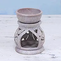 Soapstone oil warmer, 'Garden of Leaves' - Handcrafted Leaf Motif Soapstone Oil Warmer from India