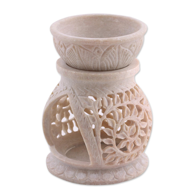 Soapstone oil warmer, 'Floral Warmth' - Handcrafted Lotus Flower Soapstone Oil Warmer from India