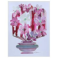 'Flower Chase' - Original Signed Expressionist Still Life with Pink Flowers