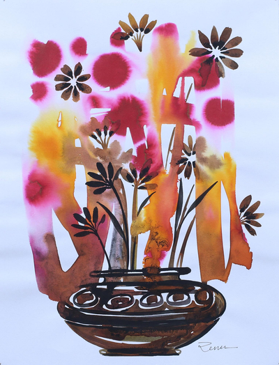 'Flower Wonder' - India Colorful Signed Ink Painting of Flowers in a Pot