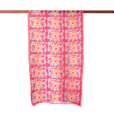 Cotton and silk blend batik scarf, 'Floral Bliss' - Cotton and Silk Blend Red Floral Batik Handmade Scarf