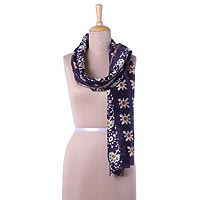 Batik cotton blend scarf, 'Sublime Floral' - Cotton Blend Batik Floral Scarf in Blue-Violet from India