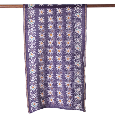 Bufanda en mezcla de algodón batik - Bufanda floral Batik de mezcla de algodón en azul violeta de India
