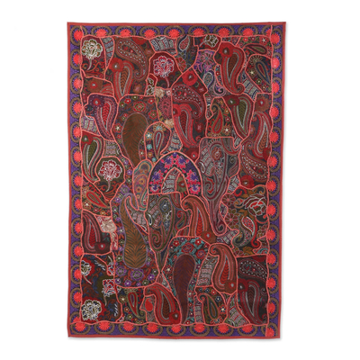 Patchwork wall hanging, 'Russet Tradition' - Russet Recycled Patchwork Paisley Wall Hanging from India