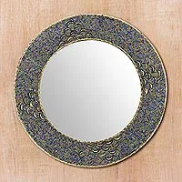 Beaded wall mirror, 'Glass Grandeur' - Handmade Multicolor Glass Beaded Brass Wall Mirror