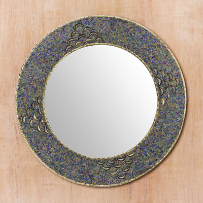 Beaded wall mirror, 'Glass Grandeur' - Handmade Multicolor Glass Beaded Brass Wall Mirror