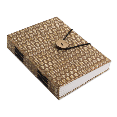 Handmade paper journal, 'Sepia Royal Elegance' - Indian Brown Brocade Elastic-Close Journal with 100 Pages