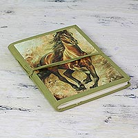 Handmade paper journal, 'Wild Horse Freedom' - Green Wild Horse Theme Handmade Paper Journal from India