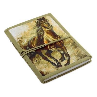 Handgeschöpftes Papiertagebuch - Grünes Wildpferd-Themen-Tagebuch aus handgeschöpftem Papier aus Indien