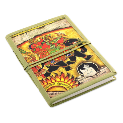 Handmade paper journal,'Mughal Monarch' - Green Elephant Theme Handmade Paper Journal from India