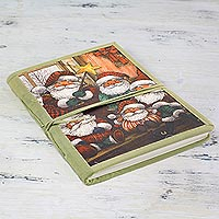 Handmade paper journal, 'Jolly Santas' - Holiday Journal from India with Handmade Paper