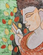 'Peaceful Nature' - India Modern Cubist Painting of a Young Buddha