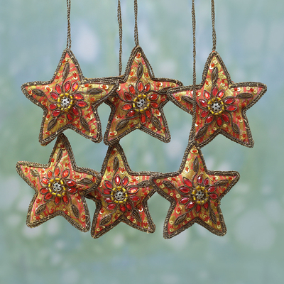 Perlenornamente, (6er-Set) - Set aus sechs Perlen-Sternornamenten aus Indien