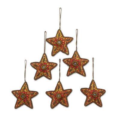 Beaded ornaments, 'Brilliant Stars' (set of 6) - Set of Six Beaded Star Ornaments from India