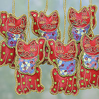 Embroidered ornaments, 'Bib Cats' (set of 6) - Set of Six Beaded Cat Ornaments in Crimson from India