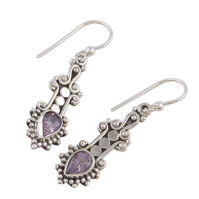 Amethyst dangle earrings, 'Droplet Dreams' - Sterling Silver and Teardrop Amethyst Earrings from India