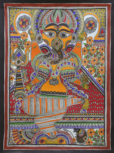 Signed Madhubani Painting of Hindu Ganesha from India