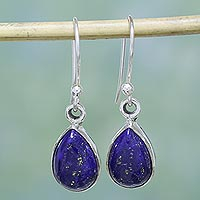 Lapis lazuli dangle earrings, 'Be True' - Lapis Lazuli and Sterling Silver Hook Earrings from India