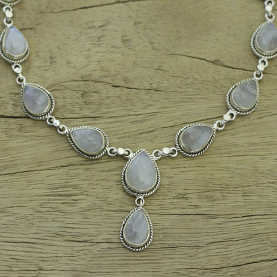 Rainbow moonstone Y-necklace, 'Mystical Charm' - Rainbow Moonstone and Sterling Silver Necklace from India