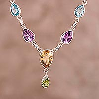 Collar con colgante de piedras preciosas múltiples, 'Rainbow Bliss' - Collar con colgante de piedras preciosas múltiples esterlinas Rainbow Bliss