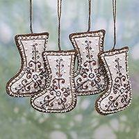 Beaded cotton ornaments, 'Celebration Stockings' (set of 4) - Set of Four Beaded Cotton Stocking Ornaments from India