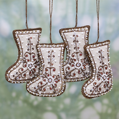 Beaded cotton ornaments, 'Celebration Stockings' (set of 4) - Set of Four Beaded Cotton Stocking Ornaments from India