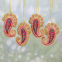 Beaded ornaments, 'Brilliant Paisleys' (set of 4) - Set of Four Beaded Paisley Ornaments from India