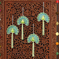 Beaded ornaments, 'Glorious Peacocks' (set of 4) - Set of Four Beaded Peacock Ornaments from India