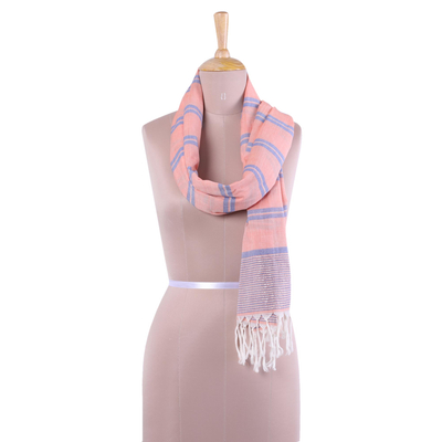 Cotton scarf, 'Melon Stripes' - Hand Woven Peach Cotton Scarf with Blue Stripes from India